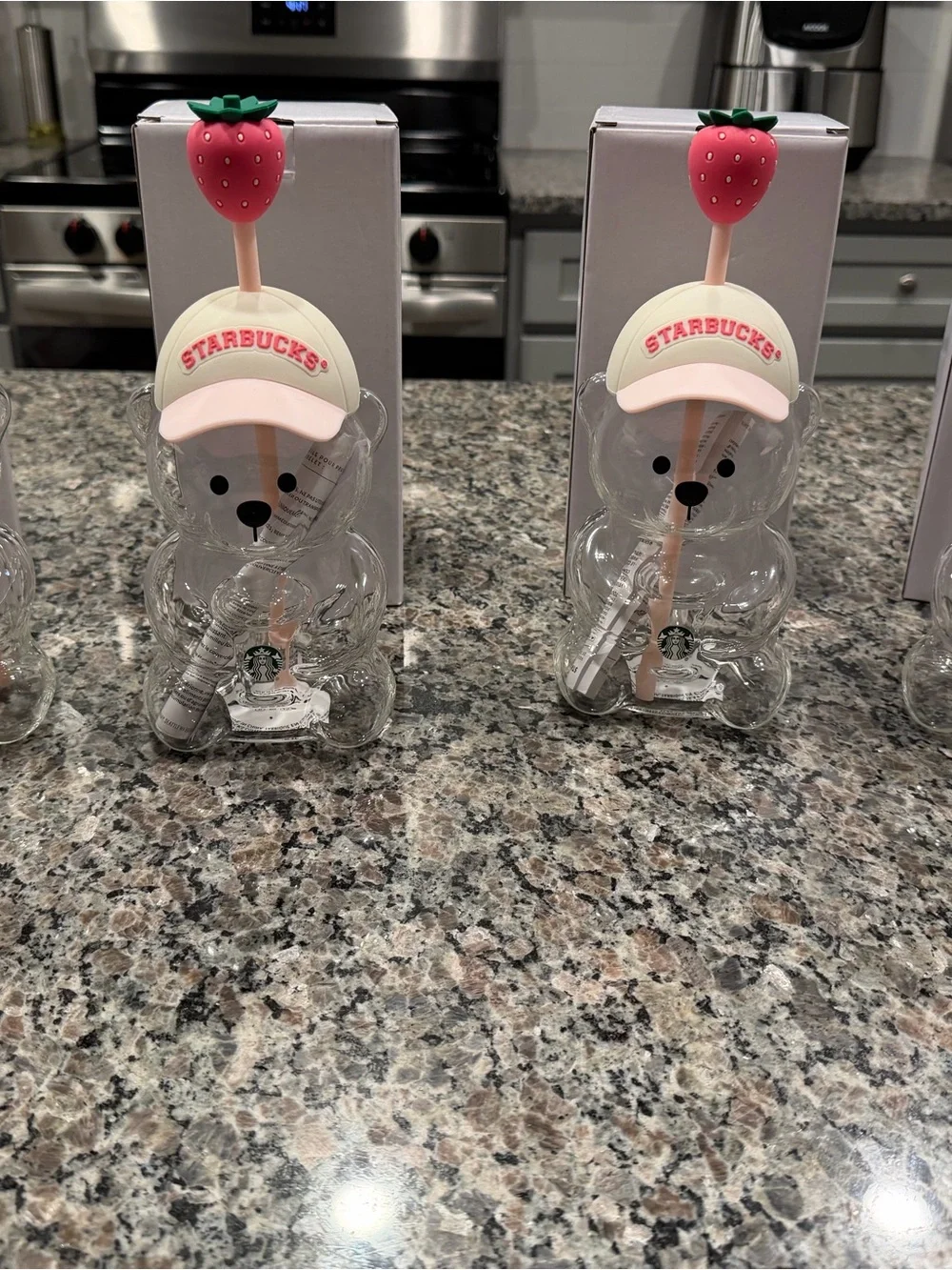 Starbucks Clear Bear Bottle with Pink Strawberry Cap and Cream Hat